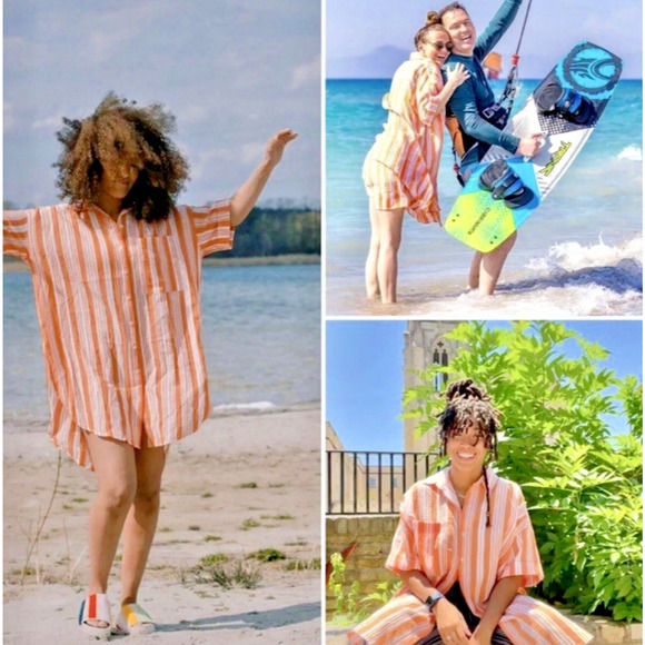 Lemlem x H&M Tunic Oversized Kaftan Shirt Dress Size M/L Striped Orange Beach - Picture 5 of 16